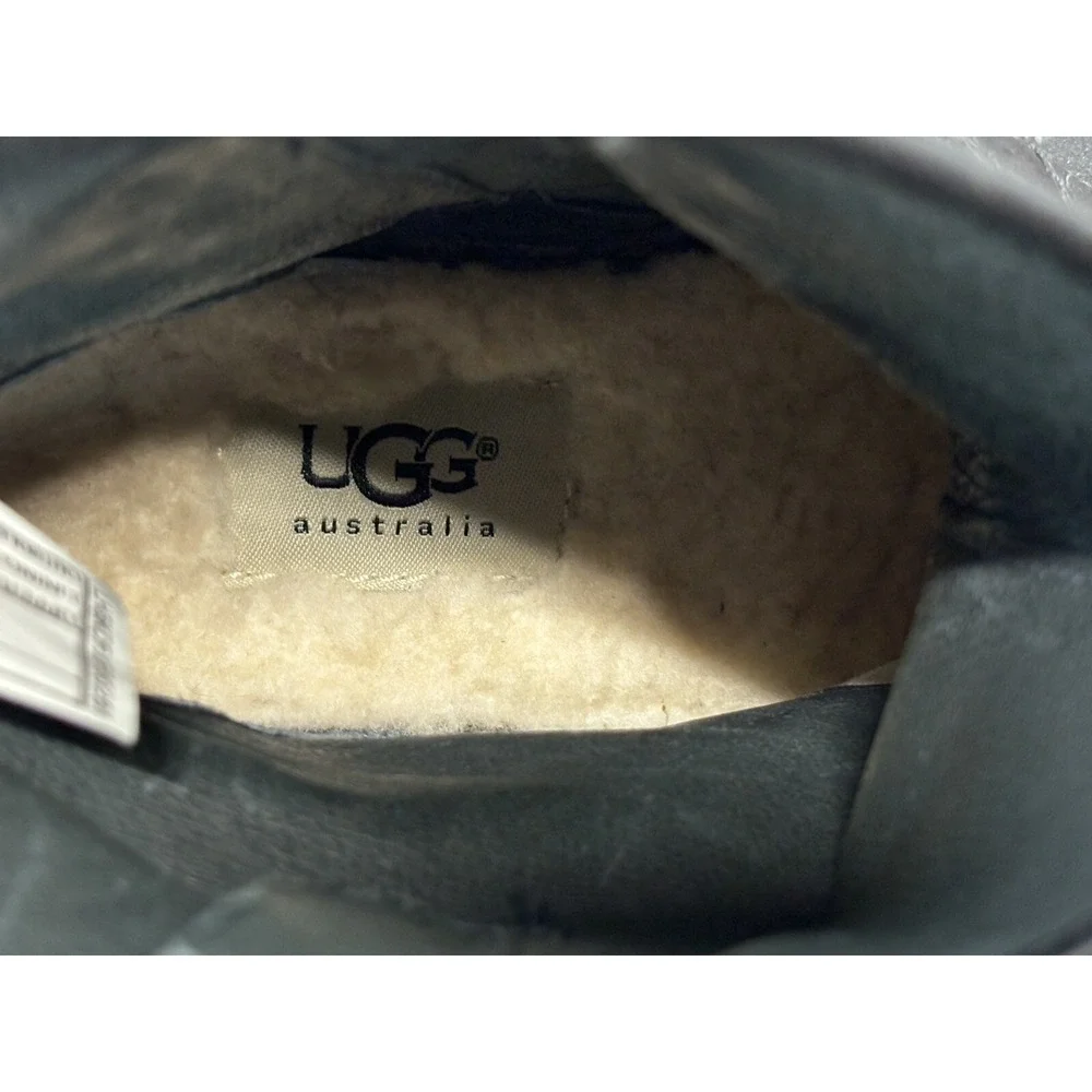 UGG Australia Fabrizia Black Leather Moto Combat Boots Women 7.5 Sheepskin Lined
